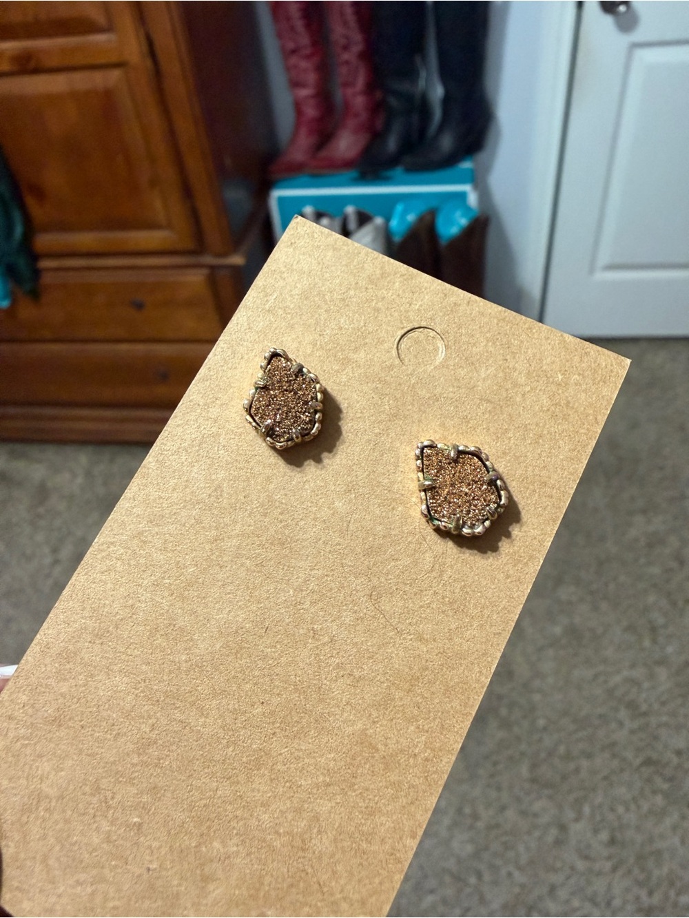 Kendra Scott Brown Druzy Stud Earrings with Gold Trim